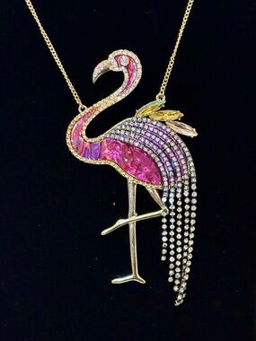 Betsey Johnson Gold-Tone Pink Flamingo Pendant Necklace with Rhinestone Fringe
